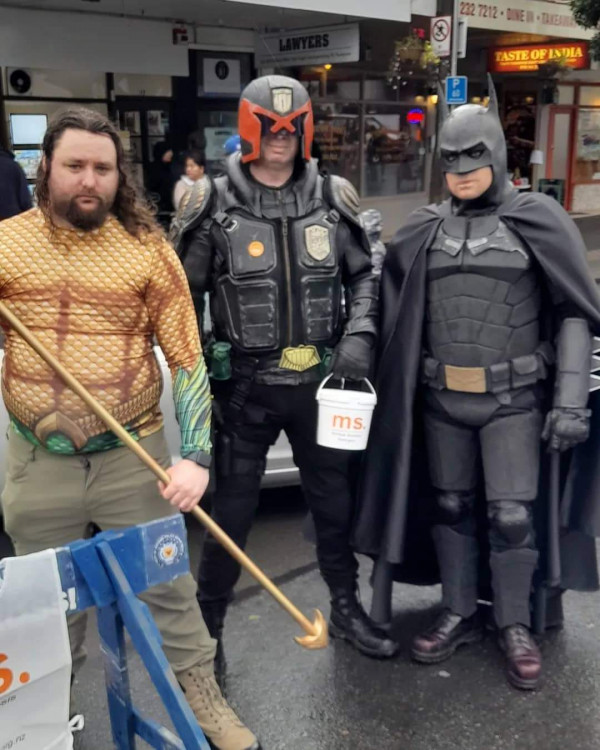 Superheroes Aquaman, Judge Dredd and Batman fundraising at Spring into Tawa 2022 Superheroes Aquaman, Judge Dredd and Batman fundraising at Spring into Tawa 2022